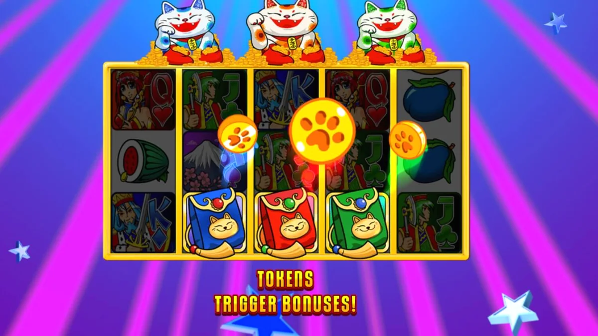 Interface do slot Super Graphics Upside Down com tema anime e Lucky Cats