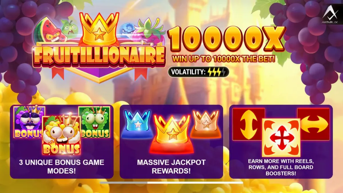 Interface vibrante e colorida do jogo Fruitillionaire com personagens de frutas reais