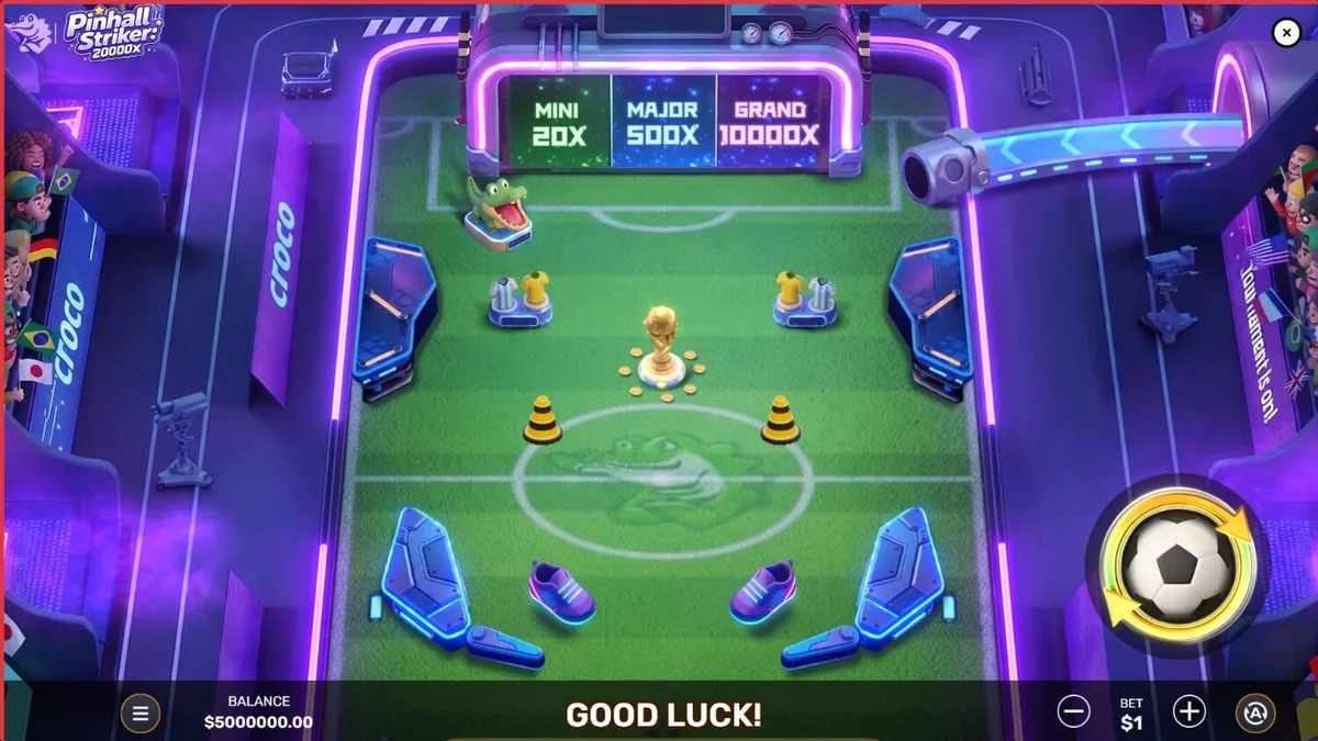 Interface do jogo Pinball Striker 20,000x com temática de futebol e pinball neon