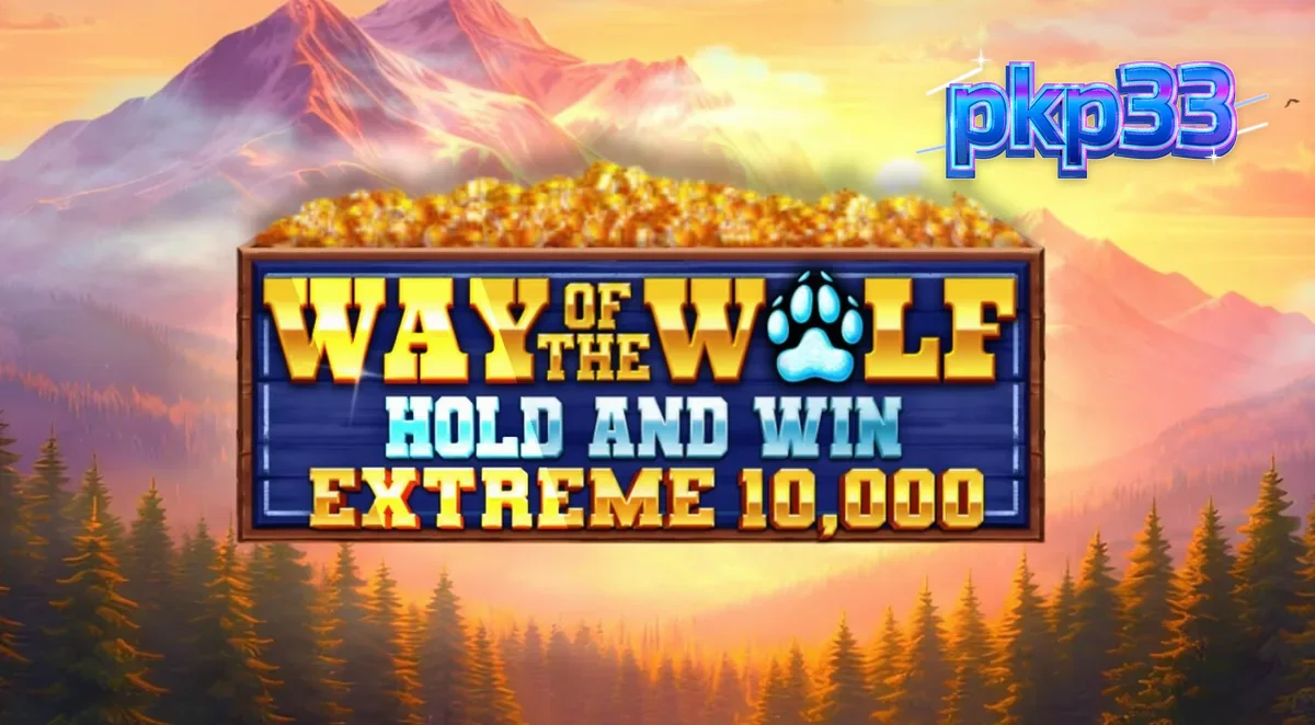 Cena atmosférica do jogo de slot Way of the Wolf Hold and Win Extreme 10,000 com lobos e lua cheia.